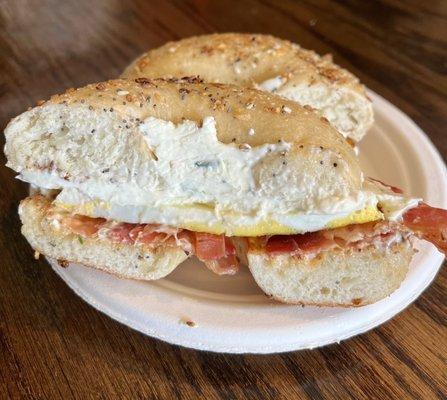 The Bageler Breakfast Sandwich; swapped out the slice of Munster cheese for the garlic chive cream cheese for the win