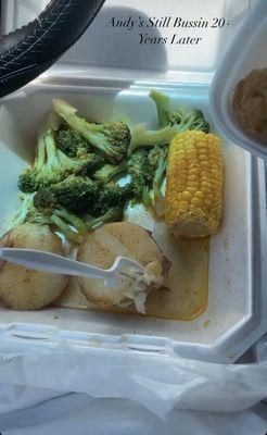 Steamed Broccoli, Corn & Potatoes. Lightly Seasoned