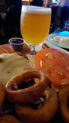 The veggie burger with swiss and bacon and their awesome onion rings