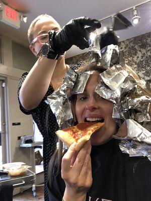 Melissa lets me order a large pie from Lehigh Pizza while I get my hair sexified. This salon is the good life!!