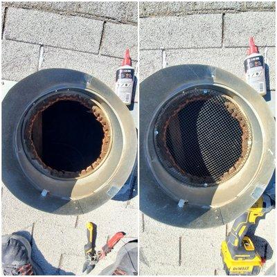 Roof vents are often fully exposed and allow entry to rodents and other critters. Here is a before/after of us screening against rodents.