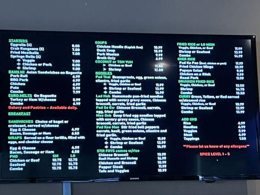 Menu as of august 2022