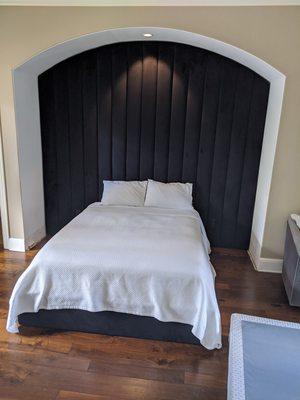 Custom headboard and bed installed in the alcove July 2020.