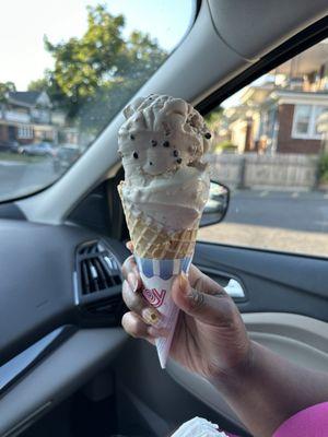 Waffle cone with Paula's glazed donut and chocolate chip cookie dough