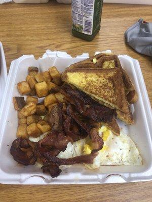 #4 platter French toast, eggs, bacon, and potatoes