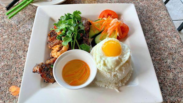 Menu Item 1H - Rice Plate - Grilled pork chop, chicken, shrimp, egg