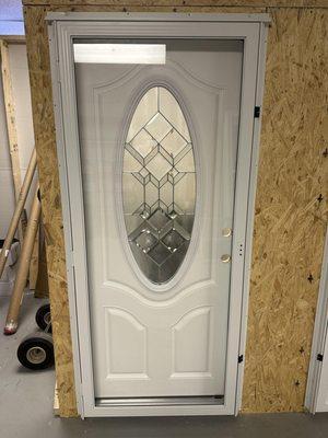 Door display with oval glass design