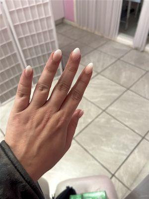 Gel manicure with ombré sand peachy color + white by Michael