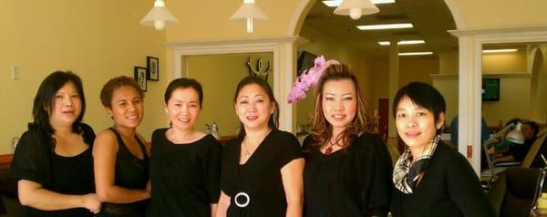 Employees from Left to Right: Jenny, Kim (Curly), Vicky, Linda (Owner), Phoebe, Kim (baby)