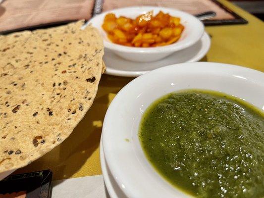 Appetizer that comes with every meal. Mango Onion Chutney and mint chutney.