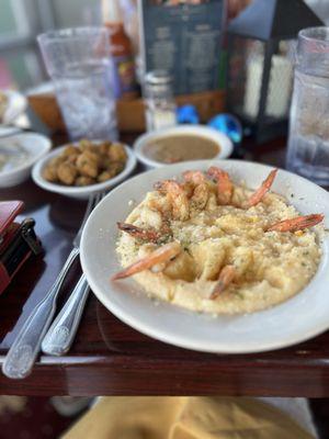 Shrimp & grits with fried okra as a side