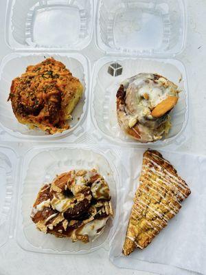 Top left: Apple, Brie, & Cheddar Top right: Banana Pudding  Bottom left: Cinnamon Toast Crunch  Bottom right: Peach and Basil Scone