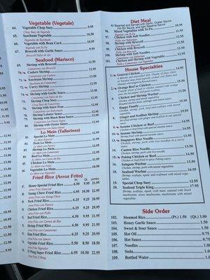 Menu with updated pricing