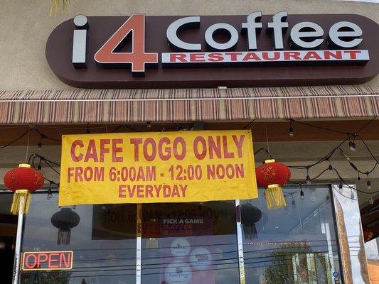 To help aligned with the critical goal of minimizing the spread of COVID-19, we will offer cafe Togo only 6:00am-12:00pm Noon everyday!