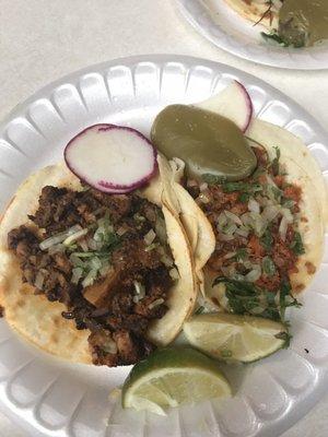 On the left, Al Pastor/pork taco and on the right, chicken taco