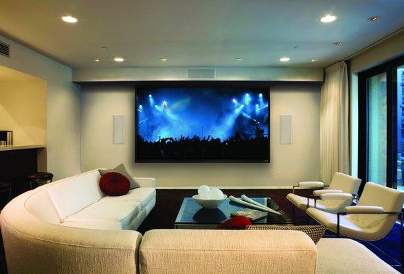 Plasma TV with in-wall speakers.