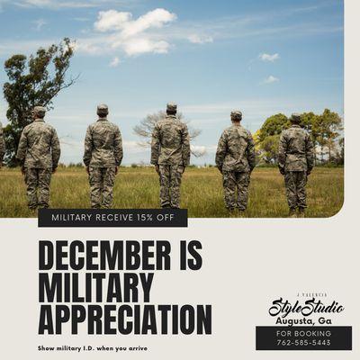 December is Military Appreciation Month at our location! Bring I.D. for 15% off any service!