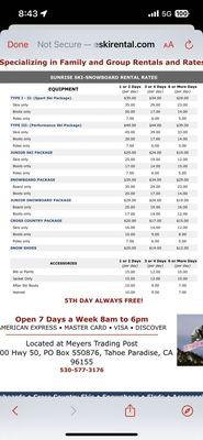 Pricing sheet