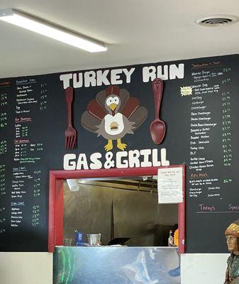 The front of  the Turkey Run Gas & Grill where you actually order. With menu on the wall.