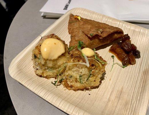 Crab cakes, samosa with chutney