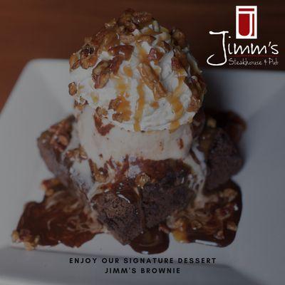 Signature Dessert: homemade brownie topped with delectable peanut butter mousse, vanillla ice cream and hot fudge. Great for sharing!