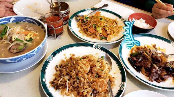 Chinese food( Chicken Lomein, Combination fried rice, Mongolian Beef & House special noodle soup)