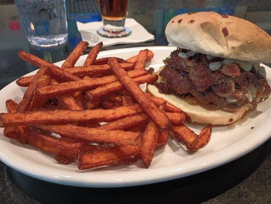 Okie Bacon Smash burger and sweet potato fries