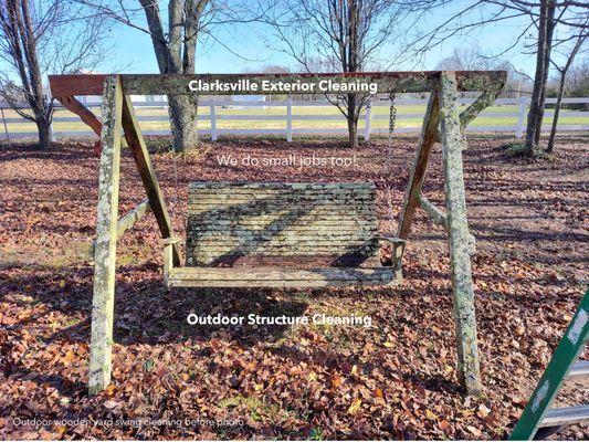 Outdoor Structure Cleaning. Wooden lawn swing cleaning. Algae lichen and pollution buildup removal. No job is too small! Call us Today!