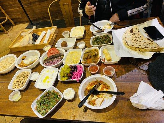 Hommos, bab ghannouj, cheese rolls, shawarma chicken, tabboule, Kebbe, kafta, labneh, shish taouk!