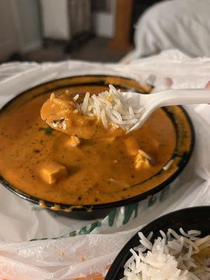 A bite of rice and paneer masala (YUMMMM)