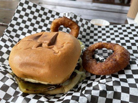 Baja burger. They are generous with the Ortega chili. You'll want onion rings, too.