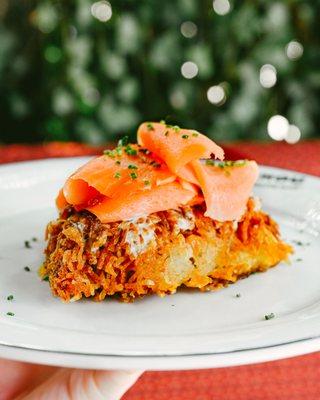 Potato Galette served with creme fraîche, chives, and you choice of smoked salmon or caviar.