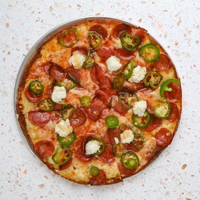 Pepperoni Pizza with Jalapeños, Ricotta, and House Made Aleppo Hot Honey