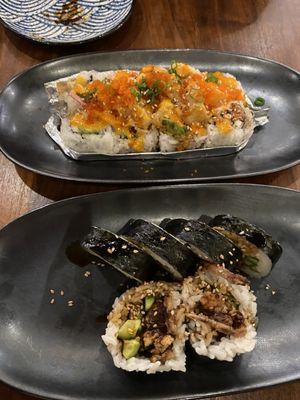 Baked scallop roll and spider roll