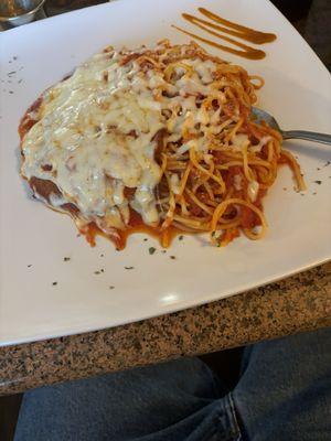 My veal parm dinner w spaghetti.