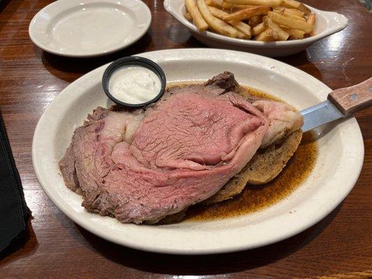 Their Famous prime Rib open faced Sandwich with house horsey sauce.