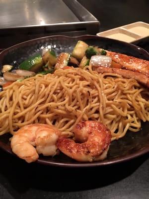 My daughter's meal: Salmon & shrimp with noodles.