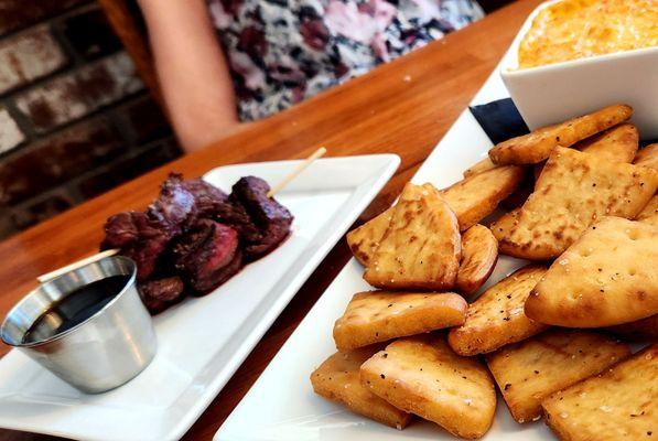 Filet mignon skewers and Artichoke dip