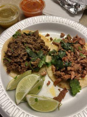 Taco de Asada on left and taco Al Pastor on right