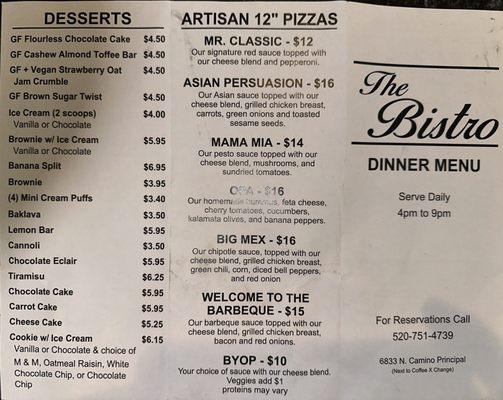 Pizza & Desserts menu 7/2024