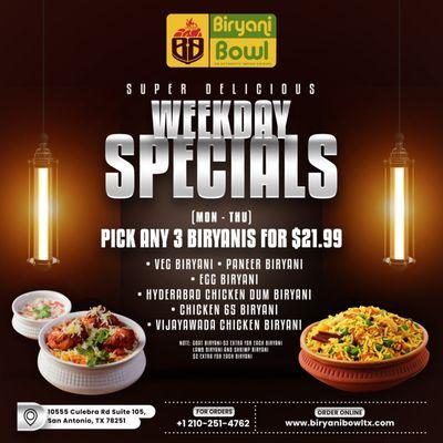 All Day Biryani Day at your Biryani Bowl #sanantonio 
Grab our WEEKDAY SPECIALS Starts From Mon to Thu