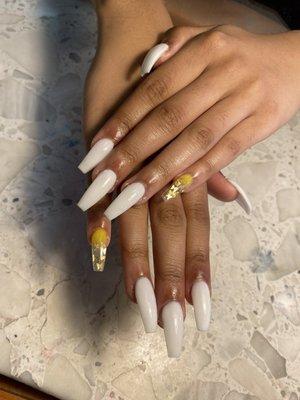 Classic white nails with gold and yellow butterflies