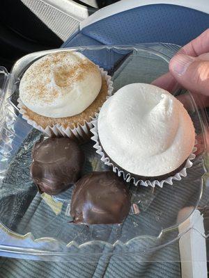 Chocolate covered cookie dough bites, vegan chocolate cupcake with marshmallow frosting, spice cupcake with cream cheese icing.