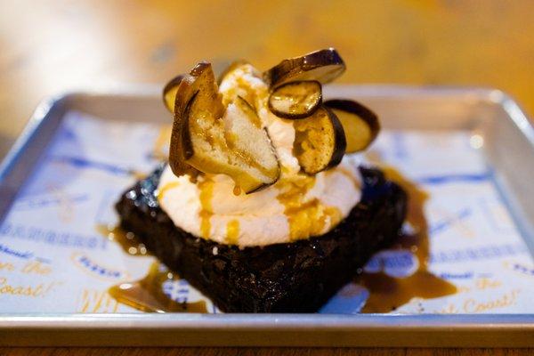 brownie (with whipped cream and pretzel bits)