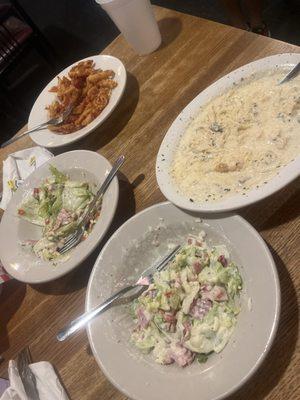 Seafood linguine, primo salad, and a kids pasta