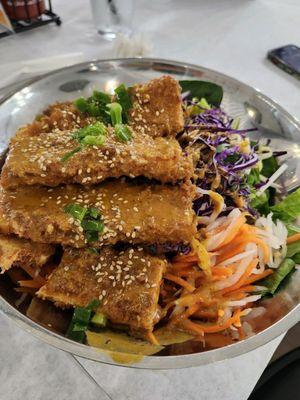 Rice noodles with Crispy Panko Red Curry Tofu & Bok Choy w vermicelli