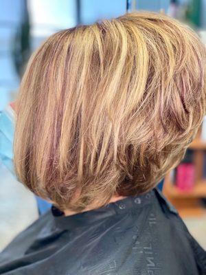 Wine tones mixed with blonde ~ cut color and style Sandy Buliga