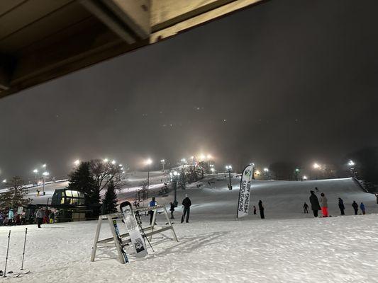 Looking up at the slopes in the misty magical weather.