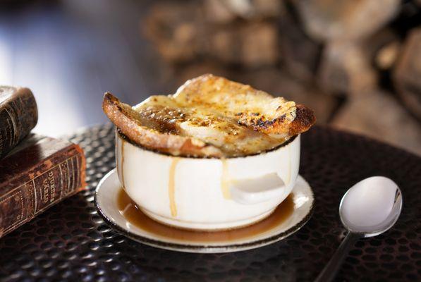 Baked French Onion Soup: Bold Beef Broth and Caramelized Sweet Onions Crusty Farmhouse Bread, Comte Cheese Brûlée