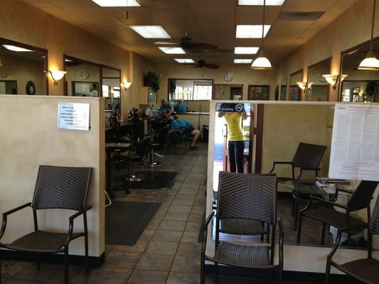 Main entrance, front view into hair salon